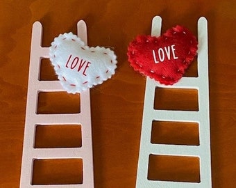 Valentine's Day Tiered Tray Ladder - White Or Pink Love Ladder - Mini Wood Ladder 8" - Felt Heart Red On Wood Ladder Farmhouse Style Decor