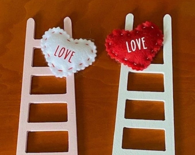 Valentine's Day Tiered Tray Ladder - White Or Pink Love Ladder - Mini Wood Ladder 8" - Felt Heart Red On Wood Ladder Farmhouse Style Decor