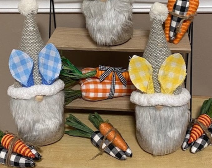 Easter Gnome Farmhouse Style Decor Bunny Ears Plaid Checkered Choice of BLUE GREEN YELLOW Plush Bunny Gnome Weighted Bottom