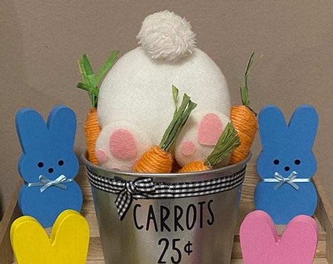 Bunny butt in bucket diving rabbit in Carrots Buffalo checkered ribbon bow farmhouse style decor Tiered Tray