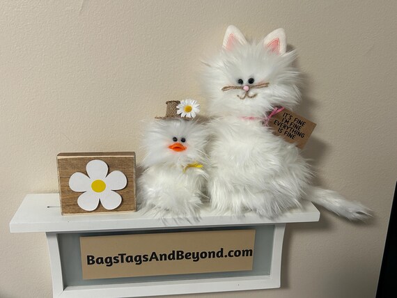 Frazzled CAT Standing White Faux Fur With Tail Funny Gift Home