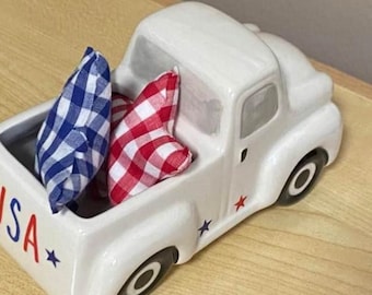 USA white ceramic truck - Farmhouse Truck - 4th of July Truck - red white blue stars tiered tray farmhouse style July 4th patriotic decor