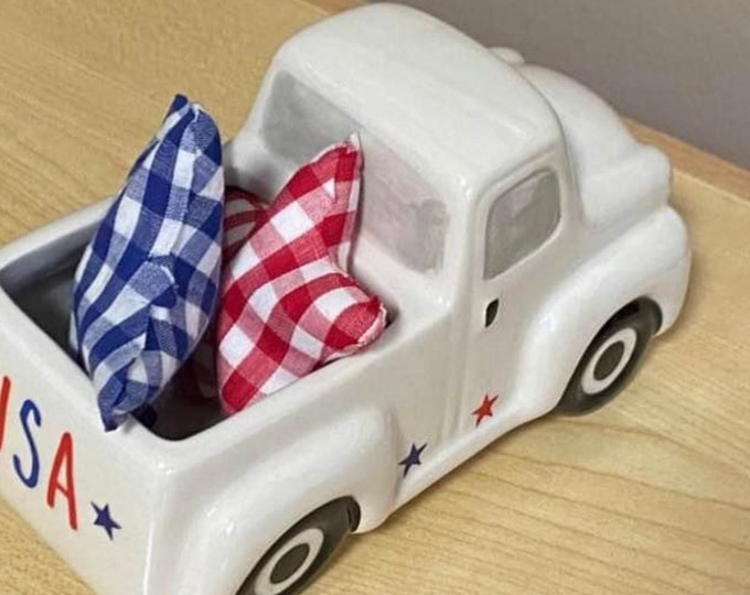 USA white ceramic truck - Farmhouse Truck - 4th of July Truck - red white blue stars tiered tray farmhouse style July 4th patriotic decor