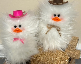 Cowboy and Cowgirl Couple Set Frazzled DUCKs ducklings with Pink cowboy hat standing Tiered Tray decor White Faux Fur Little Duckie Couple