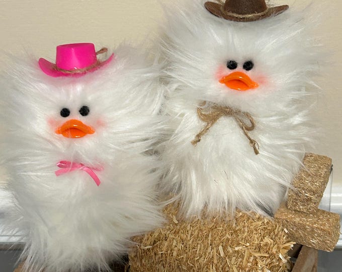Cowboy and Cowgirl Couple Set Frazzled DUCKs ducklings with Pink cowboy hat standing Tiered Tray decor White Faux Fur Little Duckie Couple