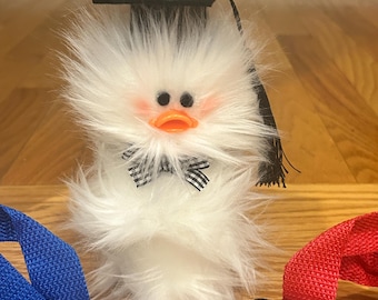 Graduation Gift - Graduate Duckie - Frazzled DUCK duckling with hat and tassel Standinsg Gag Gift Grad Gift White Faux Fur Little Quacker