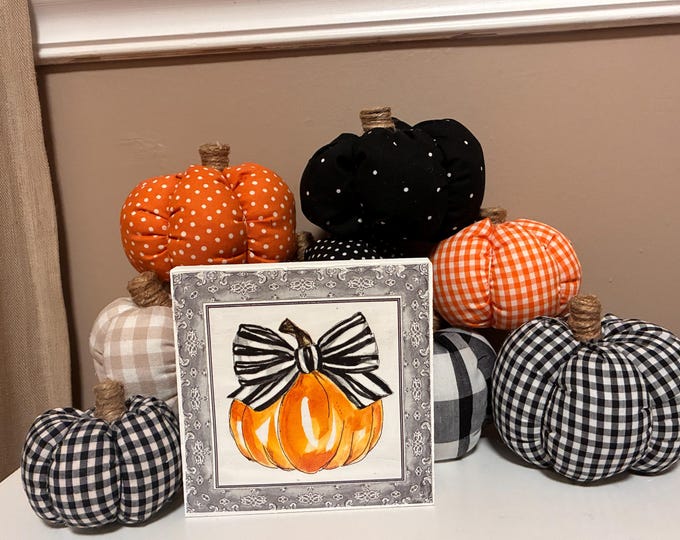 Pumpkin with Bow Wood Sign - 5"x5" Wood Plank - Tiered Tray Standing Sign - Fall Decor -  farmhouse style seasonal - Black White Orange