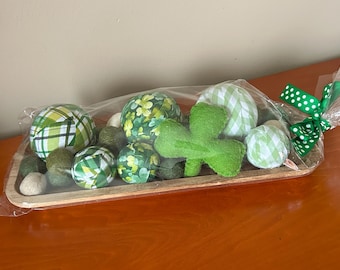 St. Patrick's Day Set Dough Tray or Heart Basket with Filler Fabric wrapped balls Shamrock Decor Green White Fabric Clovers Plaid Checkered