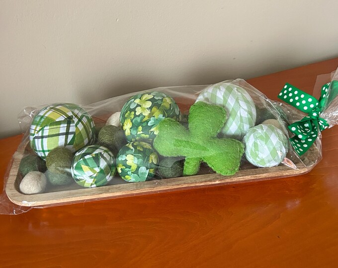 St. Patrick's Day Set Dough Tray or Heart Basket with Filler Fabric wrapped balls Shamrock Decor Green White Fabric Clovers Plaid Checkered