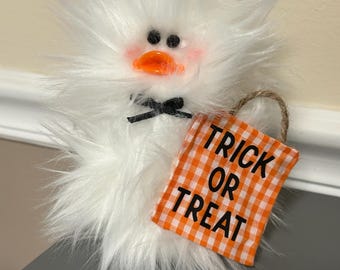 Frazzled DUCK Trick or Treat Bag duckling standing Tiered Tray Fall decor I’m Fine It’s Fine gift White Faux Fur Checkered Halloween Decor