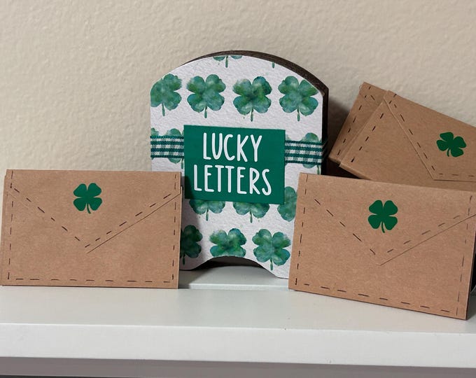 Wood Mailbox - wooden LUCKY Letters Envelopes - Shelf Sitter - wood block mailbox for St. Patricks Day Tiered Tray decor 4 Leaf Clovers