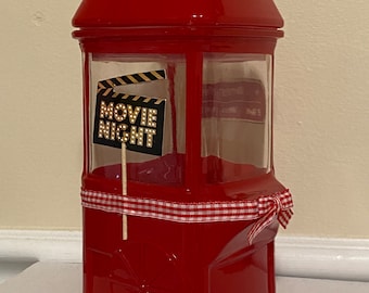 Glass popcorn Cart - Red Snack Jar - Glass canister with lid - Movie night snack jar