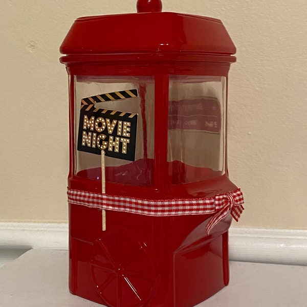 Glass popcorn Cart - Red Snack Jar - Glass canister with lid - Movie night snack jar