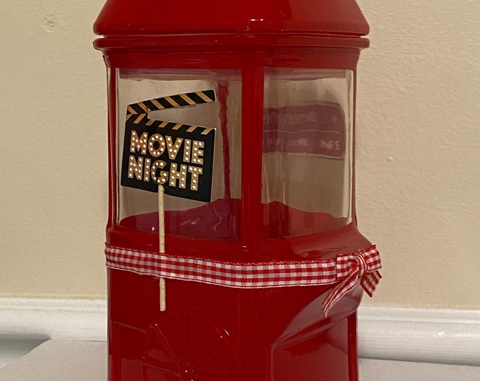 Glass popcorn Cart - Red Snack Jar - Glass canister with lid - Movie night snack jar