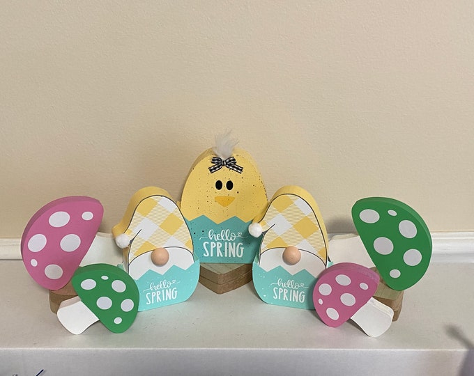 Hello Spring Cute Easter Decor, Spring Gnome, Spring Wood Gnome, EggShell Gnome, Checkered Gnome, Wooden Gnome, Spring Tiered Tray Decor