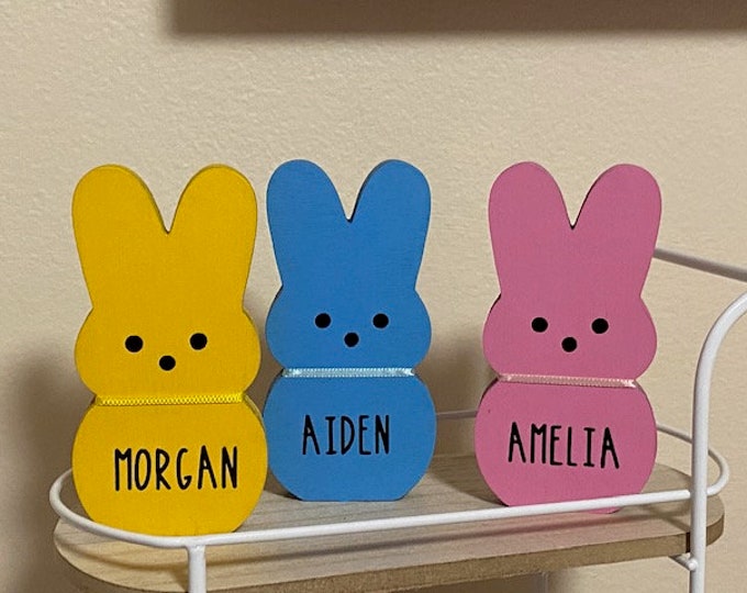Personalized Wood Bunny, 4"  Wood bunny with name - Like Peeps, But Wooden, Your Choice PINK BLUE or YELLOW - Personalized Bunny for Easter