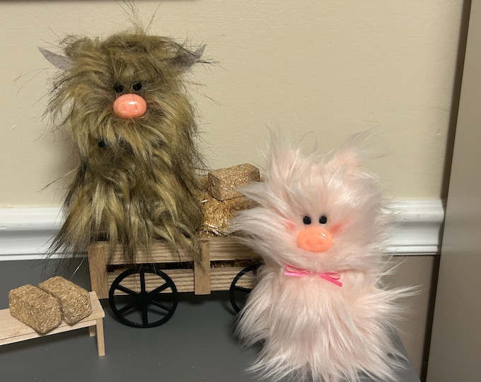Frazzled Furry Hyland Cow standing Tiered Tray cute silly gift decor Faux Fur Little Fuzzy cow Gift and Pink Pig Option Gag Gift Farmhouse