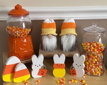 Candy Corn Decor Gnome Hat Knitted Fall Decoration Assortment of Wood Cutouts Halloween Bunnies Trick Or Treat Tiered Tray Decor Seasonal