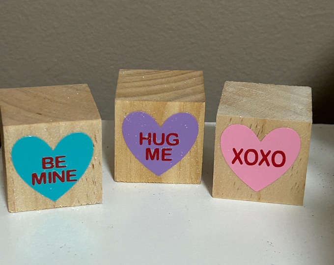 Conversation Heart Blocks - Set of 3 Wood Blocks - Cubes Wooden Blocks - Valentine Stackable Tiered Tray Blocks XOXO Be Mine Hug Me Decor