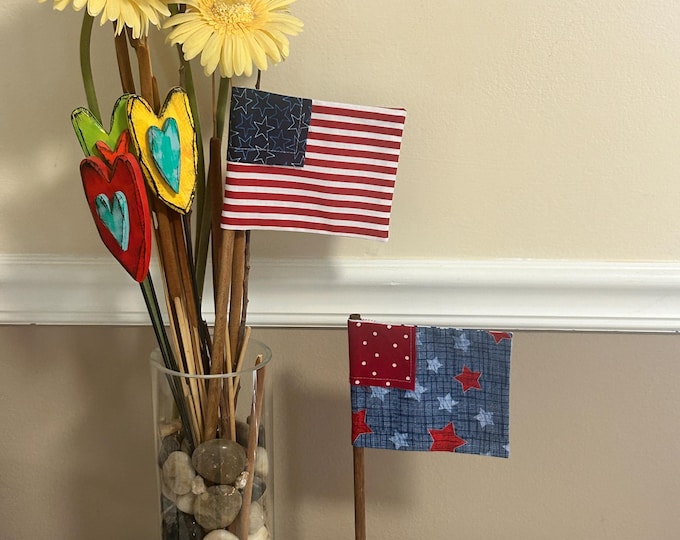 Fabric Flags On Wood Dowel With Stand Option - Patriotic Decor - Red White and Blue - Stars and Stripes - Polka Dot - Bandana - Checkered