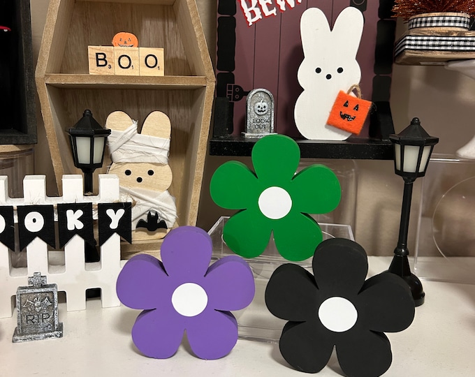 Fall Tiered Tray - Set of 3 Wood Daisies - Standing Wood Daisies - Black Purple and Green - Flowers Halloween Tiered Tray Decor Fall Decor