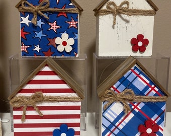 4th of July Decor - Patriotic Summer Wood House for Tiered Tray Chose One Farmhouse Style July 4th Wooden Daisy Red White and Blue Flower
