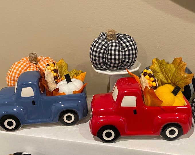 Farm Fresh Fall Foliage in Ceramic Truck - Tiered tray Red Truck or Blue Truck Fall decor Truck with Pumpkin Corn and Leaves Farmhouse Decor