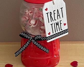 Glass canister red gumball holder jar with lid Wood Tag Tiered Tray Decor Treat Time Valentine's Day Gift