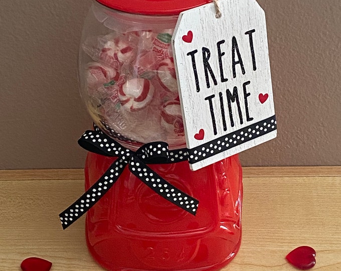Glass canister red gumball holder jar with lid Wood Tag Tiered Tray Decor Treat Time Valentine's Day Gift