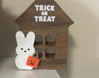 Fall Halloween Decor - Trick Or Treat Wood House for Tiered Tray Chose Options with Wooden Daisies SPOOKY Fence Ghost Wood Bunny Treater