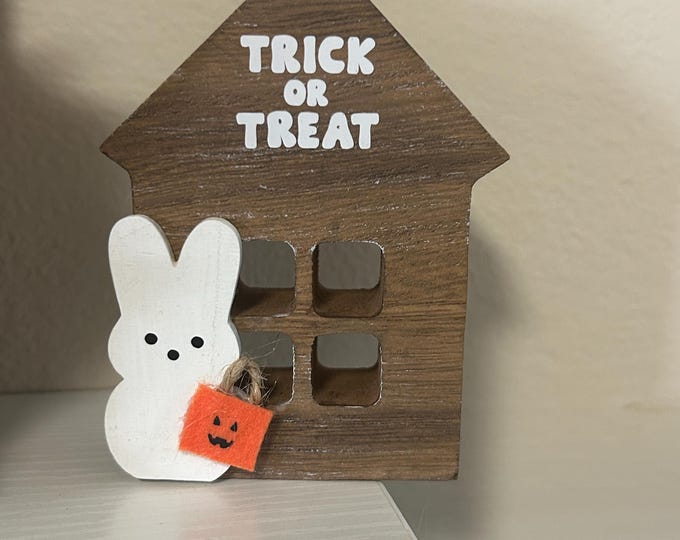 Fall Halloween Decor - Trick Or Treat Wood House for Tiered Tray Chose Options with Wooden Daisies SPOOKY Fence Ghost Wood Bunny Treater