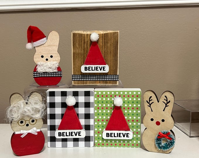 Santa Hat Wood Block Sign - BELIEVE - Christmas Decor - Christmas Tiered Tray Decor - Table Top Decor Choice of Buffalo Checkered Polka Dot