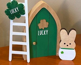 Spring Decor - 3 Piece Tiered Tray Set - LUCKY Ladder LUCKY Shamrock Wood Bunny Green White LUCKY Wood Door Clover Decor St Patrick's Decor