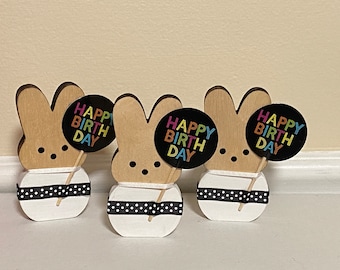 Happy Birthday Wood Bunny - Wooden Bunny - Wood Birthday Bunny Like Peep - Birthday Party Decor Hand Happy Birthday Sign Gift - Rabbit