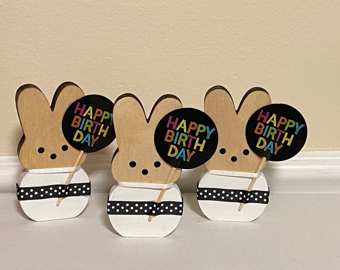 Happy Birthday Wood Bunny - Wooden Bunny - Wood Birthday Bunny Like Peep - Birthday Party Decor Hand Happy Birthday Sign Gift - Rabbit