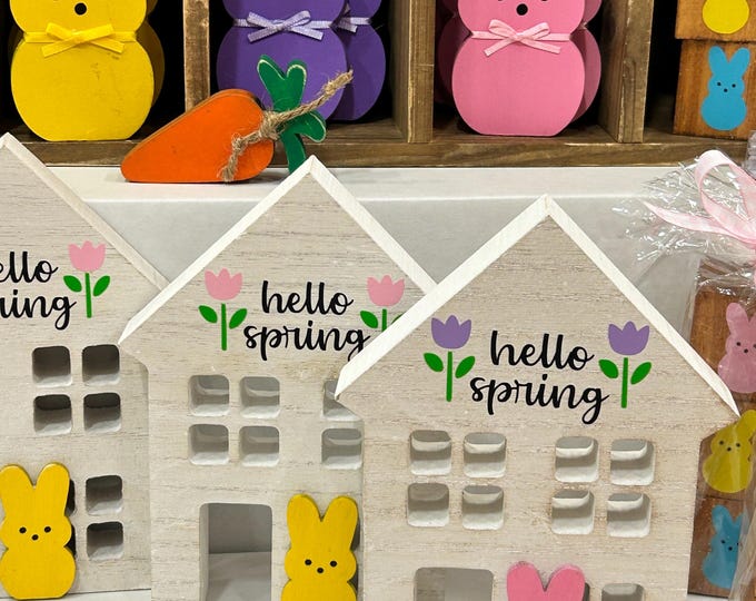 Hello Spring Wooden House - wood bunny choice of pink or yellow  - decorative house tiered tray Easter Decor 6.5” tall Whitewash Decoratiom