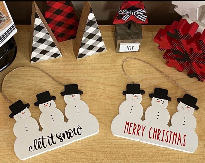 Snowman Trio Ornament Choice of LET IT SNOW or Merry Christmas Snowmen Hanging winter Holiday Tree Decor holiday gift three snowmen