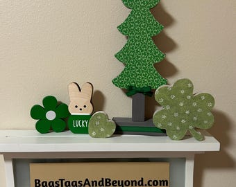 St. Patrick's Day Tree: Green and White Shamrocks Paper - Gray Base, 12" Whimsical Decor Cute Clover Tree Lucky St Pattys Tree