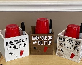 Hand decorated box for solo cups, cup caddy, Mark Your Cup Fill It Up, Party Decor, Table Decor, Bar Decor, Hostess Gift Cup holder organize