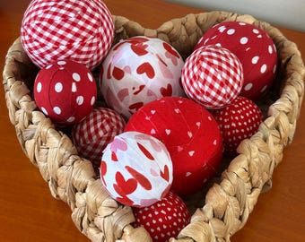 Valentine's Day Bowl Filler Fabric wrapped balls Valentine Decor Ball Tiered Tray Red Pink White Fabric Checker Decorations Hearts Polka Dot