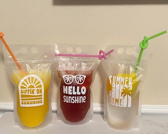 Customized Reusable Drink Pouch - Clear Zipper Drink Bag Summer Drinking Tote for Adults Kids Candy Drink Pouches Bags With Straw Stands Up