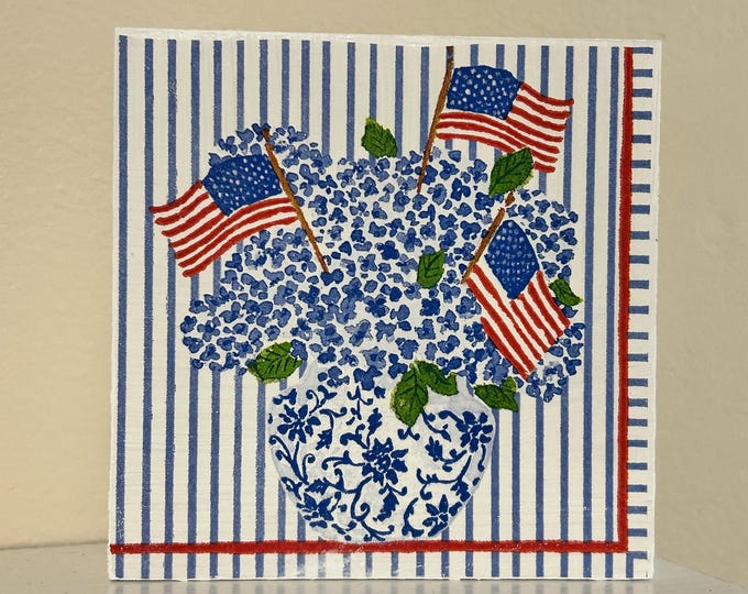 Wood Sign Flowers and American Flag - Blue Hydrangea Plant Sign - Standing or Hanging tiered tray decor America 250 Patriotic Red White Blue
