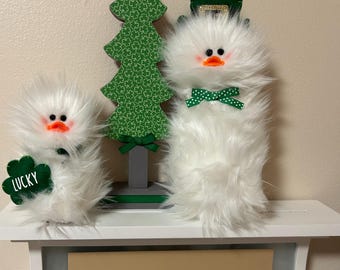 Frazzled DUCK duckling standing Tiered Tray spring decor LUCKY DUCKY gift White Faux Fur Little Quacker St Patty's Patrick's DayDecor Duckie