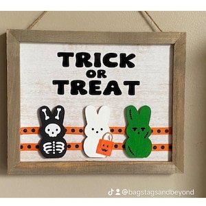 Letrero de Halloween de truco o trato - letrero de madera - conejitos de madera para otoño - esqueleto de conejitos de Halloween Frankenstein y fantasma