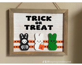 Trick or Treat Halloween Sign - wood sign - wood bunnies for fall - Halloween bunnies skeleton Frankenstein and ghost