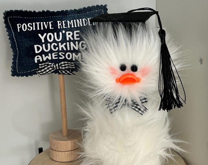 Graduation Gift - Graduate Duckie - Ducking Awesome Frazzled DUCK duckling with hat and tassel Standing Gag Gift Grad Gift White Faux Fur