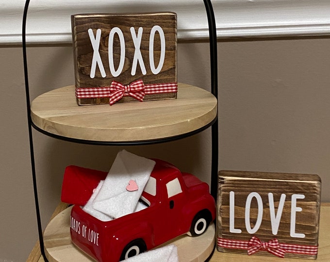 LOVE wood sign XOXO wooden table decor tiered handmade wood sign red white Buffalo checkered Rae Dunn Font farmhouse tiered tray decor