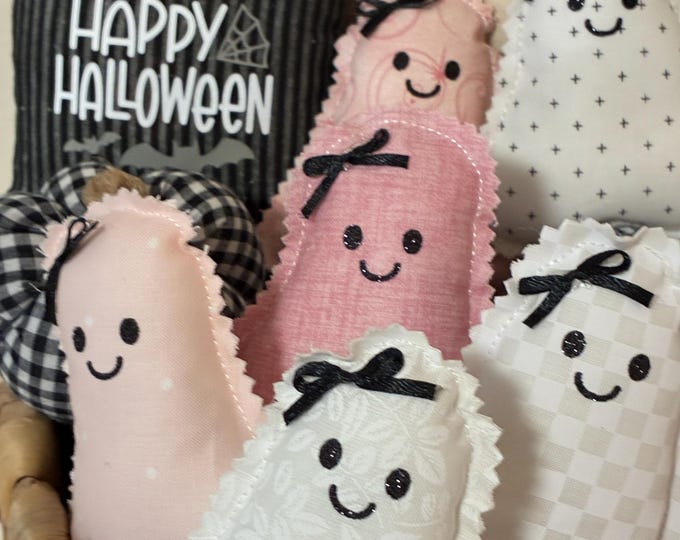 Set of 4" Fabric Ghosts - Choose PINK or WHITE Bowl Filler Halloween Decor Smiling Ghost Fall tiered tray Farmhouse style Cute Spooky + Bow