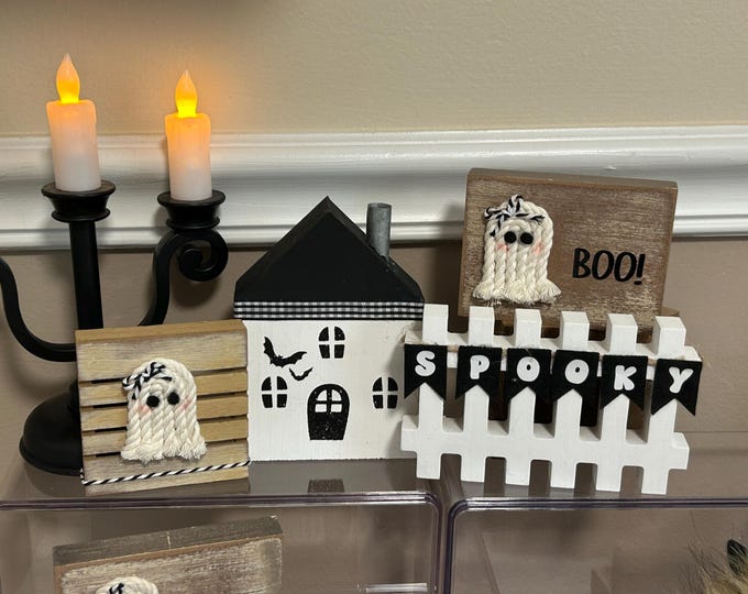 Cute Ghost Sign Halloween Decor Handmade Rope Ghost Wood Sign FALL tiered tray decor farmhouse style seasonal decorations ghost wooden block