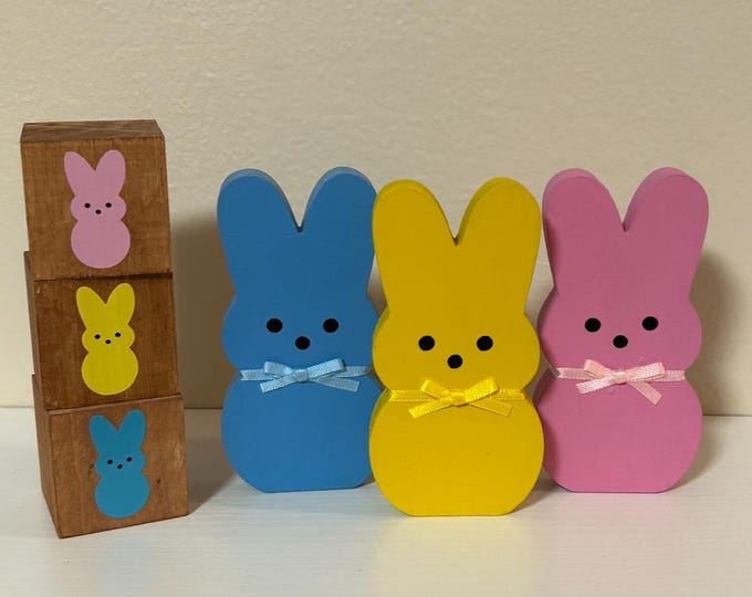 Easter Bunny Decor - Marshmallow Bunny Blocks - Set of 3 Wood Blocks - Cubes Wooden Blocks - Stackable Tiered Tray Decor blue yellow pink